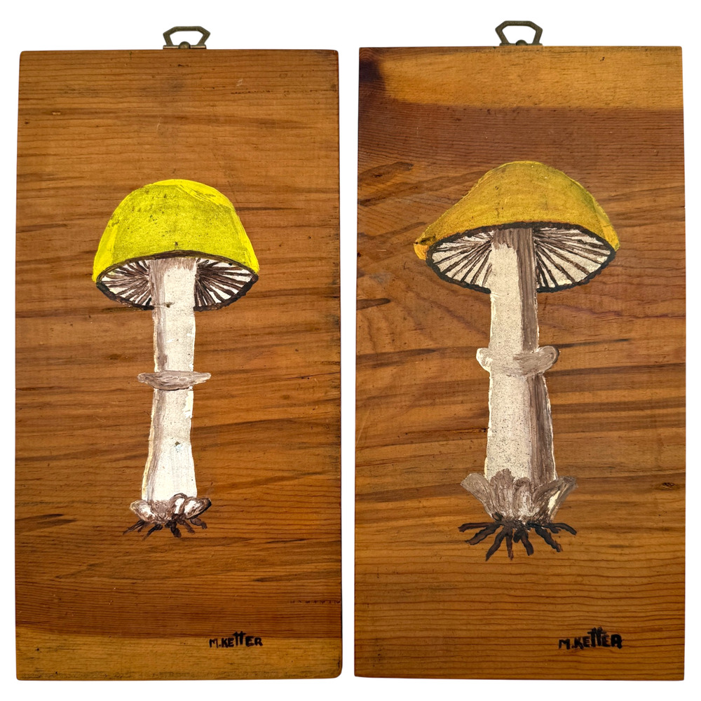 Vintage Signed Folk Art Mushroom Wood Wall Panels M Ketter Hand Painted Pair MCM